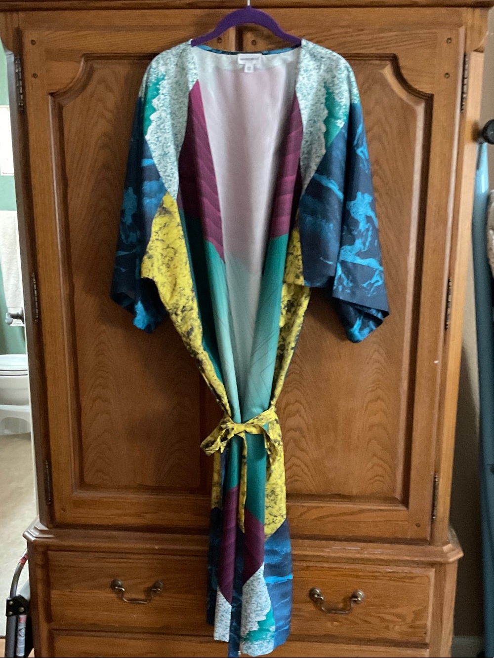 Silky Multicolor Women's Kimono Robe - Teal, Yellow & Purple
